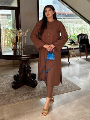 Stylish and traditional solid coffee-brown kurta with round-neck fringed-edge sleeves and shirt with paired trouser.