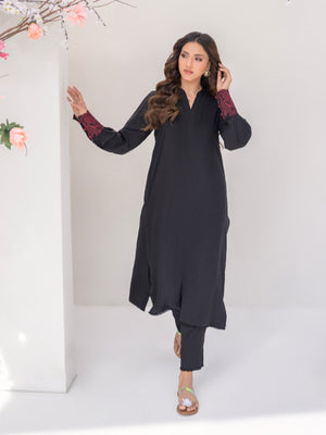 Embroidered sleeve black linen women coord breathable fabric best for summer and all season.