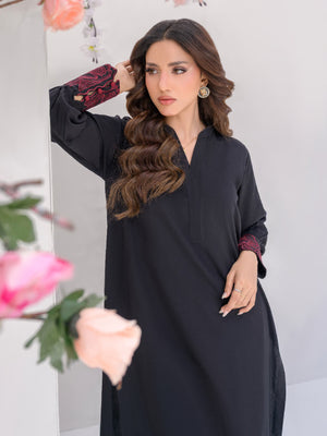 Boski linen embroidered sleeves detail with red button on cuff,women elegant outfit with pair pant.