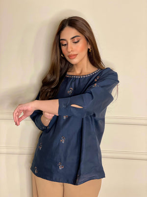 Navy Blue Linen Top Embroidery Detail