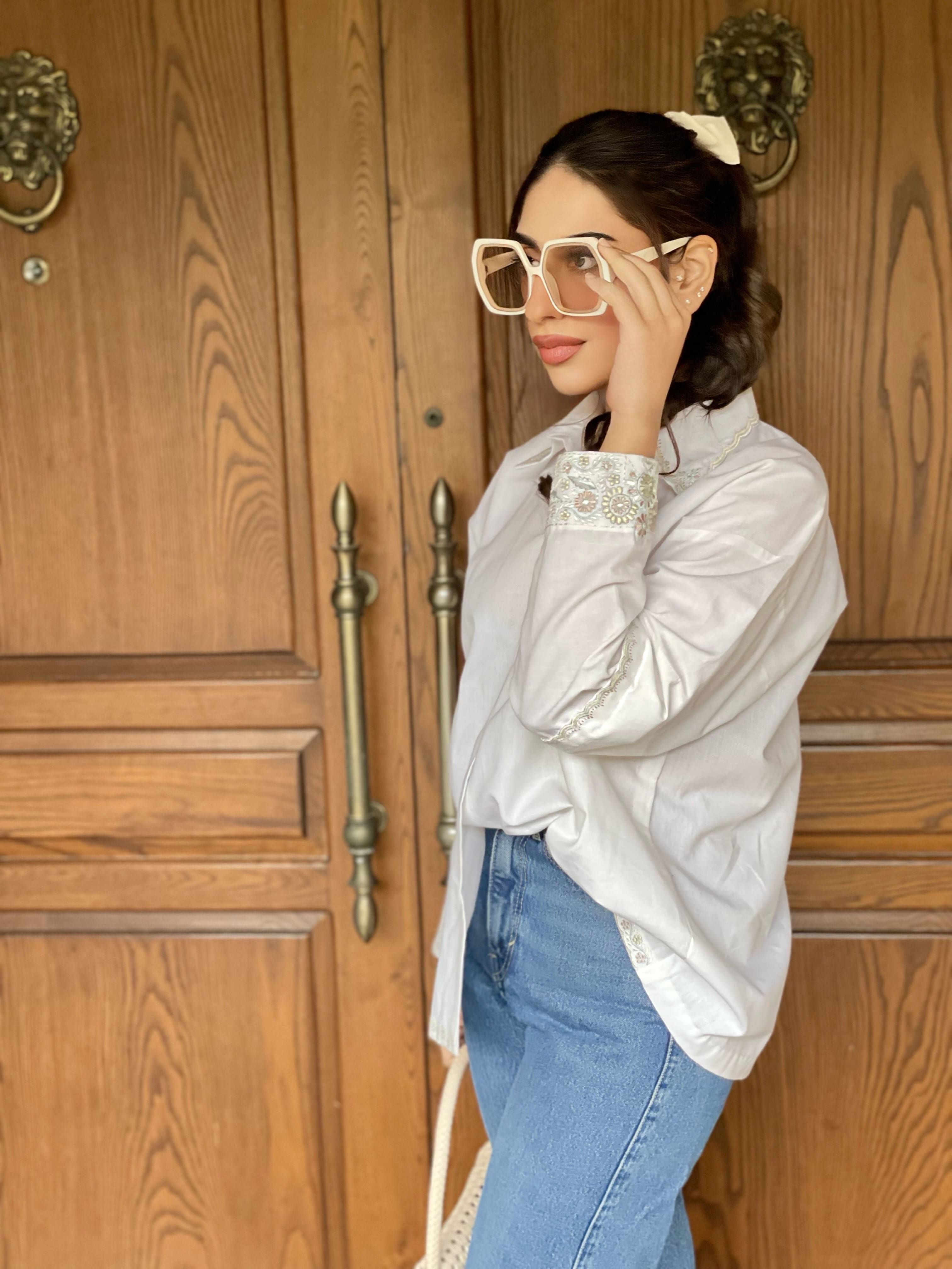 Women Button-Down Embroidered Hem White Top