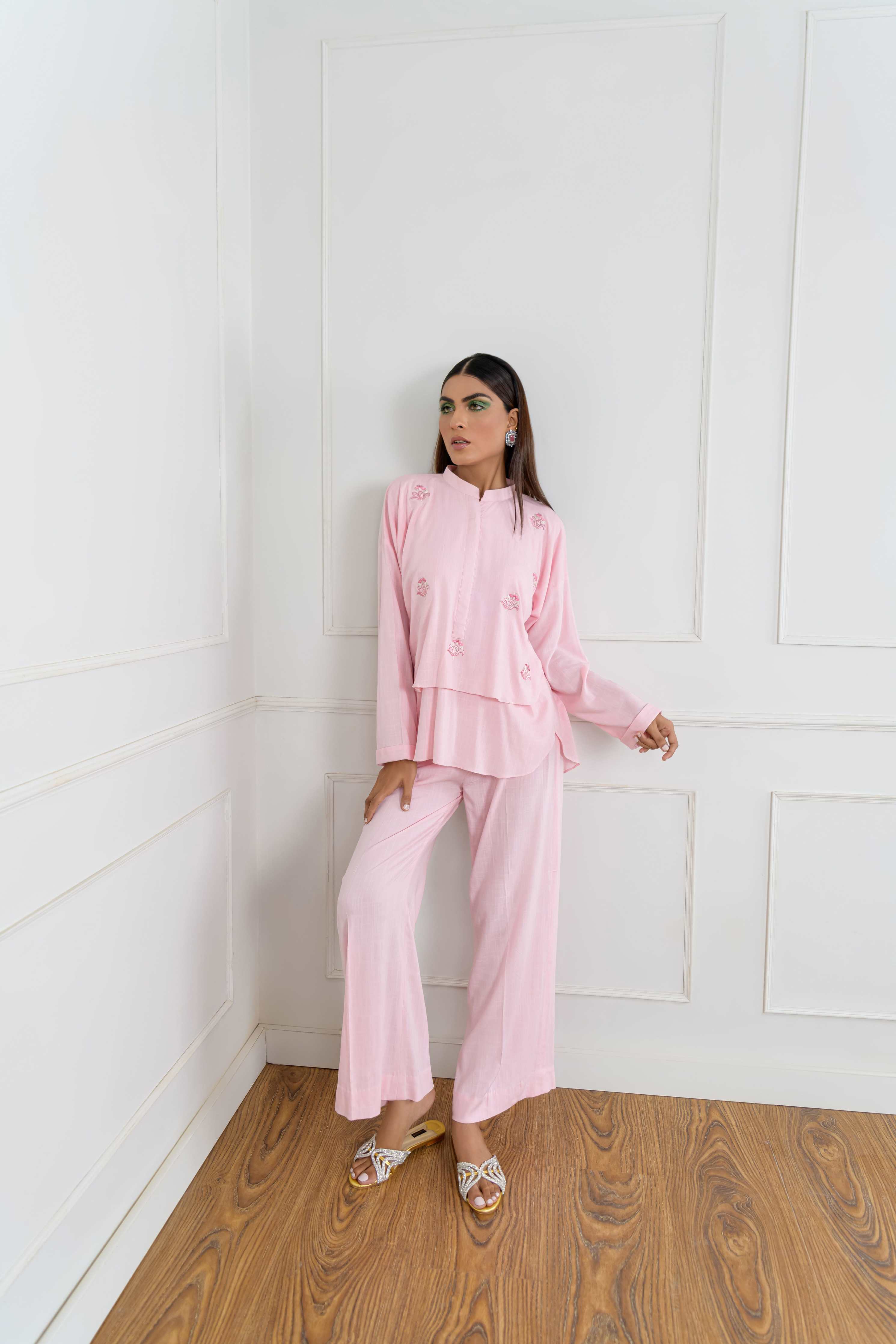 Women's Double Layered Co-Ord Set in Baby Pink