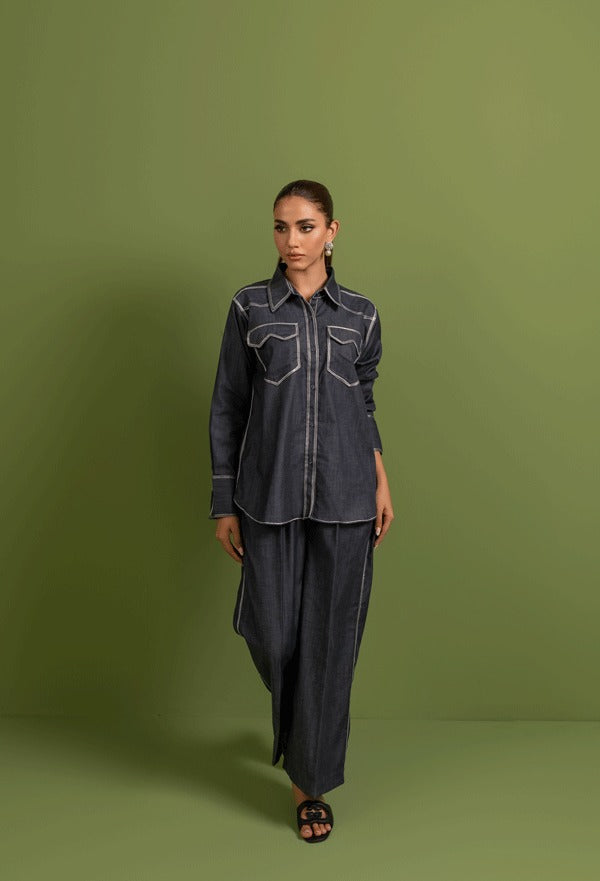 Women Grey  Blue Double Pocket Denim Chambray Co-ord Set