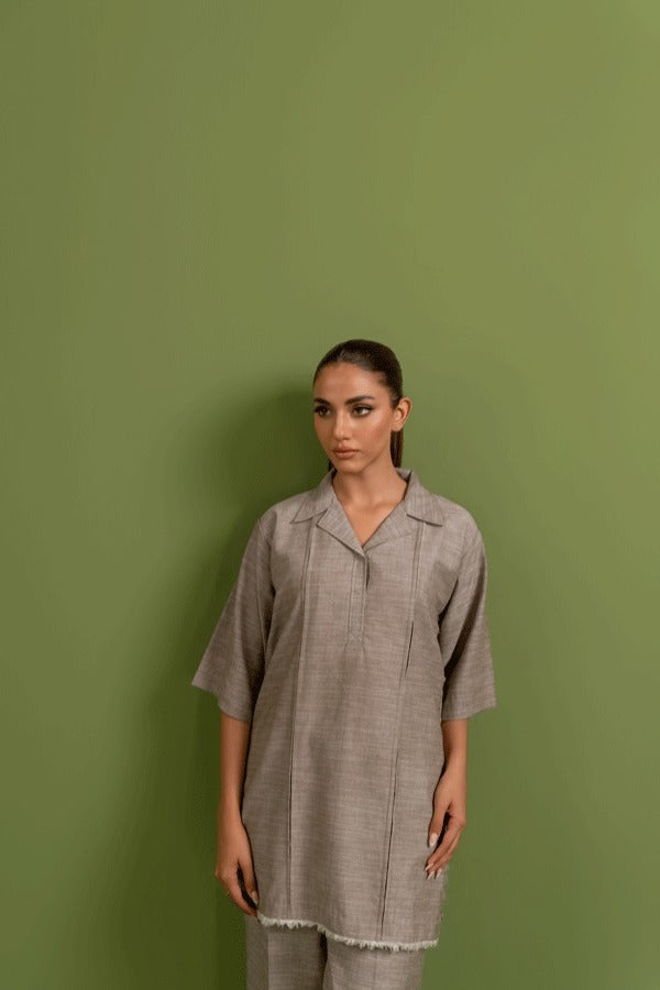 Ladies Chambray  Khaddi Two Piece Co-ord Set - Three-Quarter Sleeves in Earthy Beige