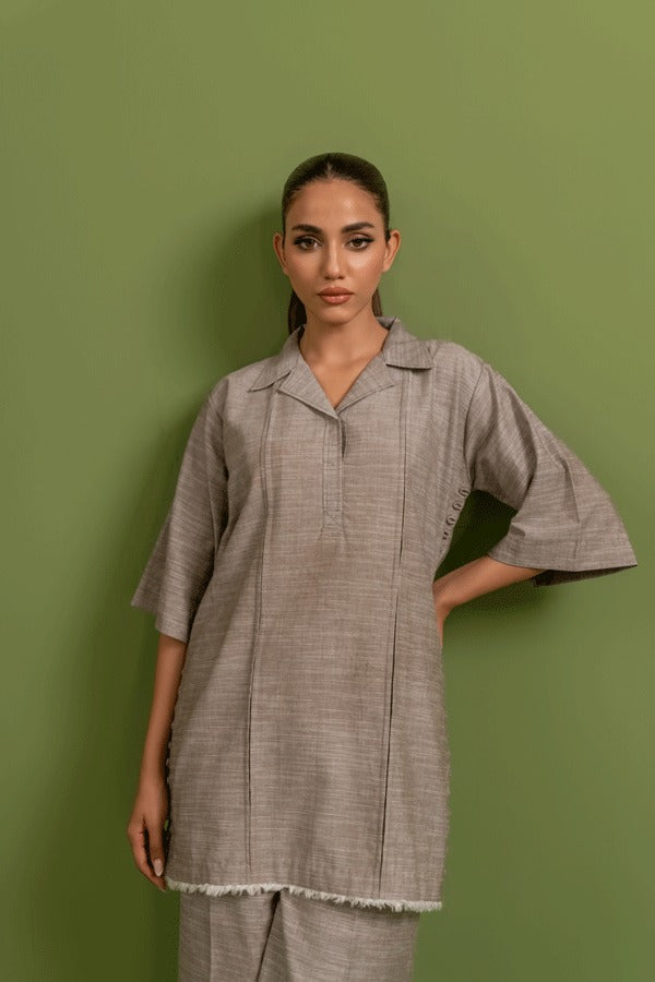 Ladies Chambray  Khaddi Two Piece Co-ord Set - Three-Quarter Sleeves in Earthy Beige