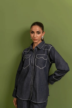 Women Grey  Blue Double Pocket Denim Chambray Co-ord Set