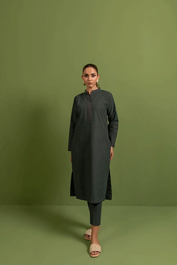 Women Chambray Full Sleeves Co-ord Set In Khaddi Green