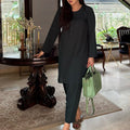 Green linen kurta shalwar two-piece casual summer outfit for women – front view