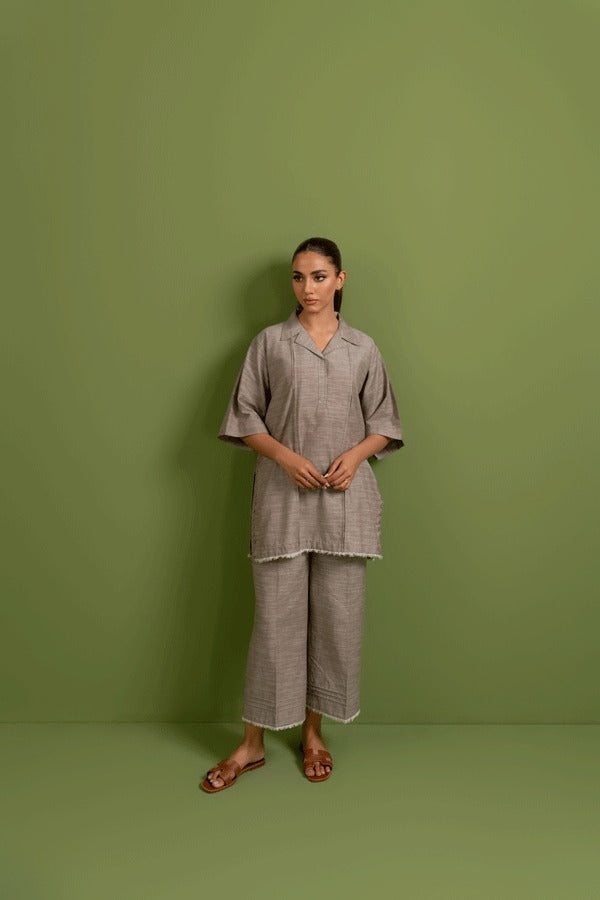 Ladies Chambray  Khaddi Two Piece Co-ord Set - Three-Quarter Sleeves in Earthy Beige