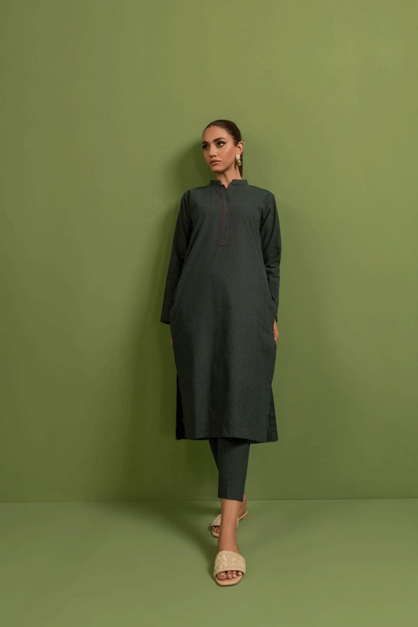 Women Chambray Full Sleeves Co-ord Set In Khaddi Green