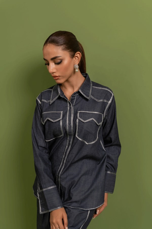 Women Grey  Blue Double Pocket Denim Chambray Co-ord Set