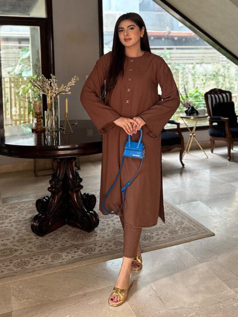 Stylish and traditional solid coffee-brown kurta with round-neck fringed-edge sleeves and shirt with paired trouser.