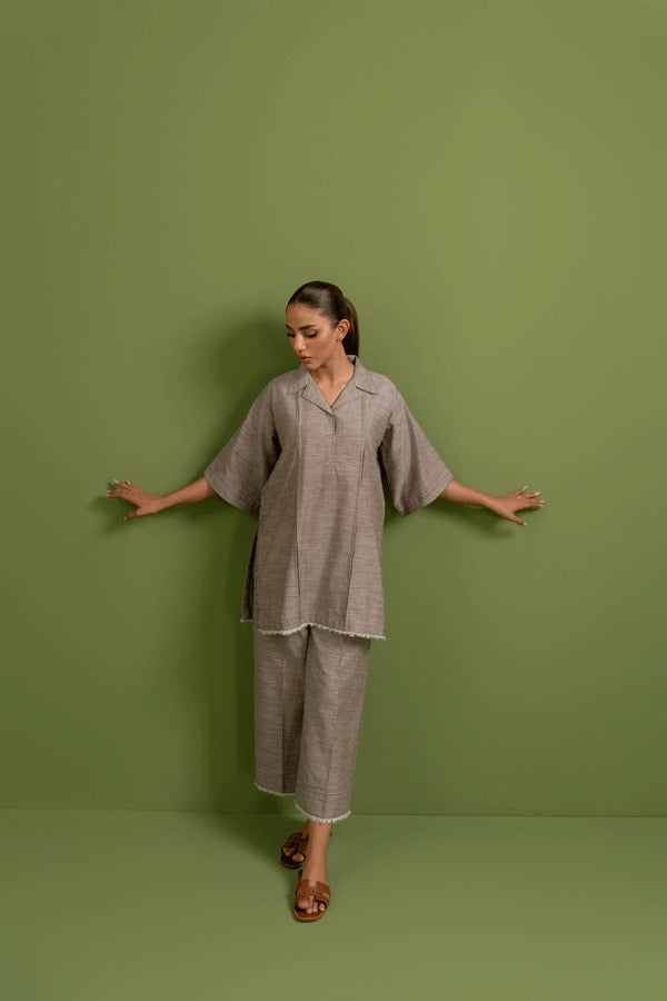 Ladies Chambray  Khaddi Two Piece Co-ord Set - Three-Quarter Sleeves in Earthy Beige