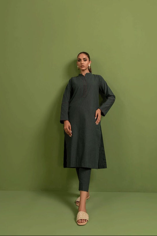 Women Chambray Full Sleeves Co-ord Set In Khaddi Green