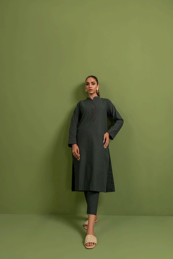 Women Chambray Full Sleeves Co-ord Set In Khaddi Green