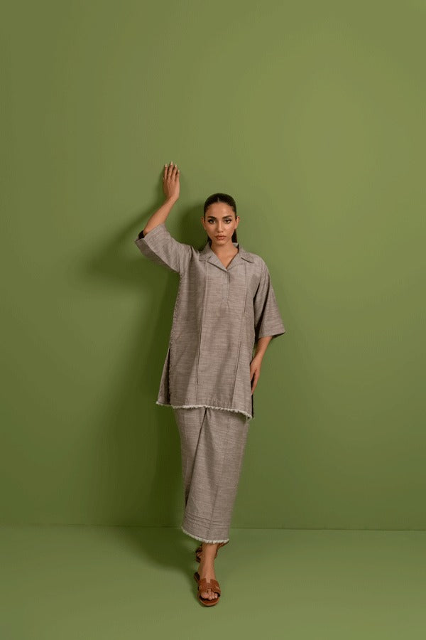 Ladies Chambray  Khaddi Two Piece Co-ord Set - Three-Quarter Sleeves in Earthy Beige