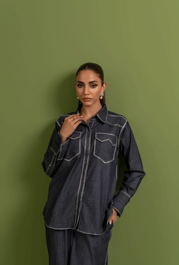 Women Grey  Blue Double Pocket Denim Chambray Co-ord Set