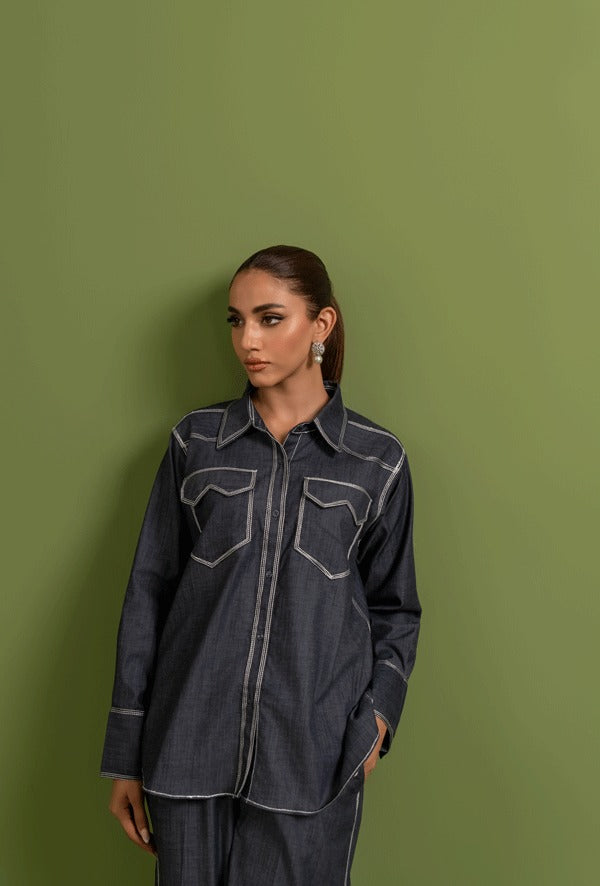 Women Grey  Blue Double Pocket Denim Chambray Co-ord Set