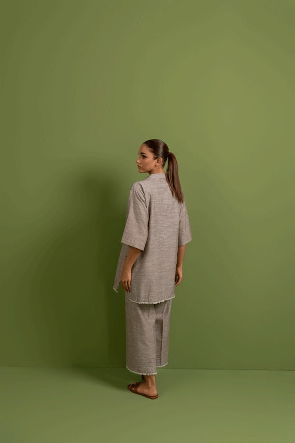 Ladies Chambray  Khaddi Two Piece Co-ord Set - Three-Quarter Sleeves in Earthy Beige