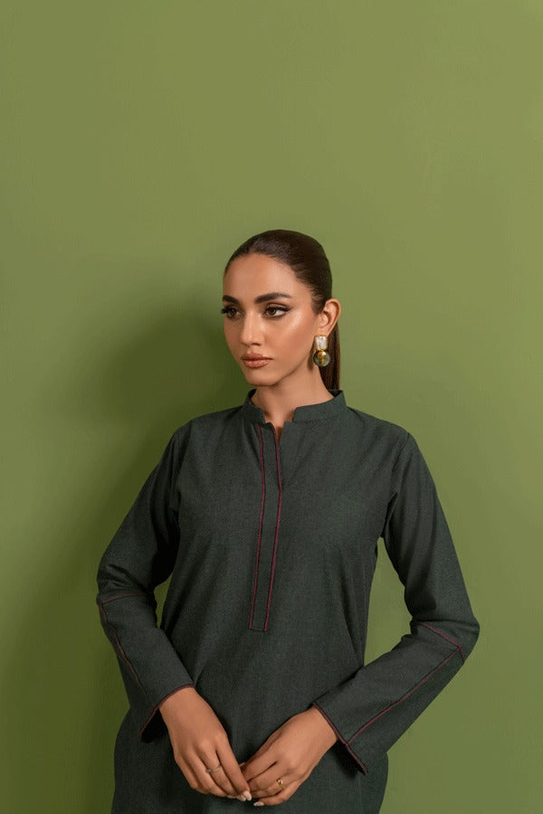 Women Chambray Full Sleeves Co-ord Set In Khaddi Green