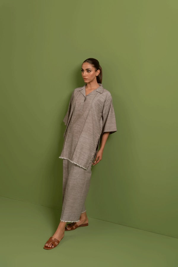 Ladies Chambray  Khaddi Two Piece Co-ord Set - Three-Quarter Sleeves in Earthy Beige