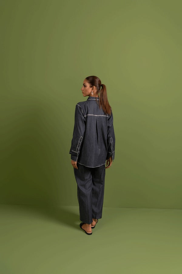 Women Grey  Blue Double Pocket Denim Chambray Co-ord Set