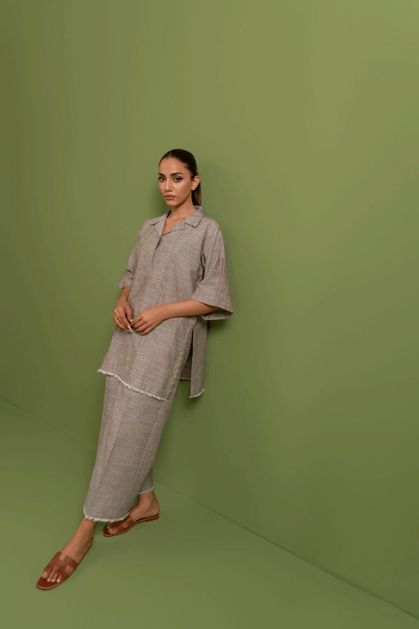 Ladies Chambray  Khaddi Two Piece Co-ord Set - Three-Quarter Sleeves in Earthy Beige