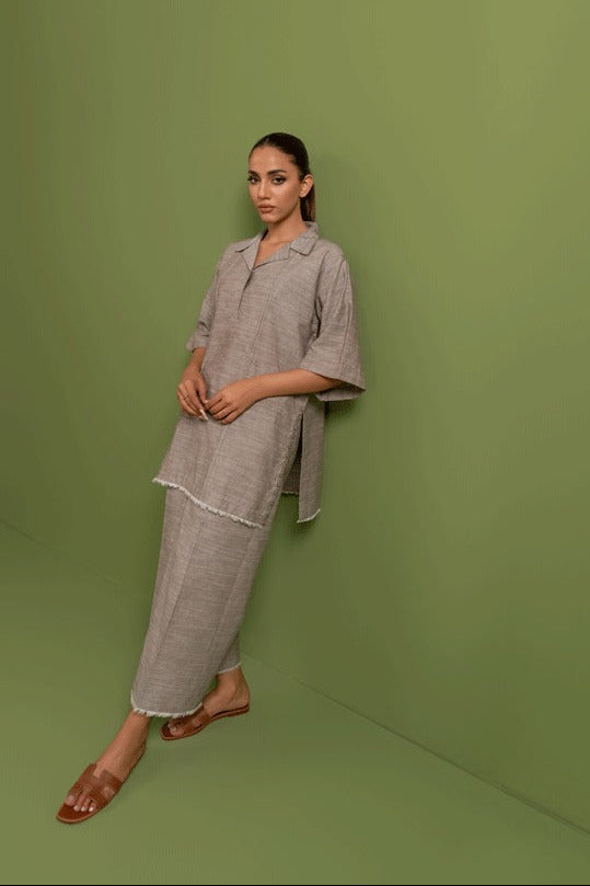 Ladies Chambray  Khaddi Two Piece Co-ord Set - Three-Quarter Sleeves in Earthy Beige