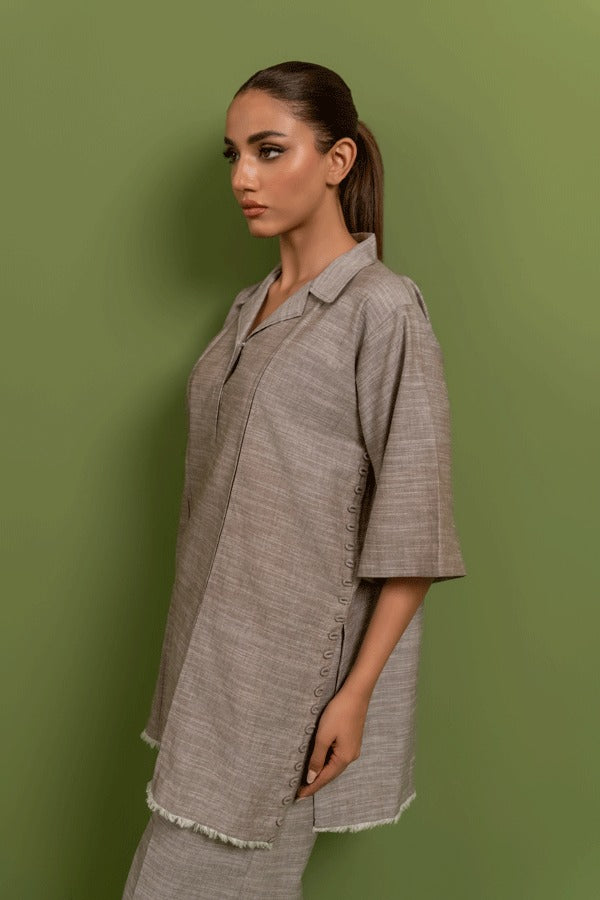 Ladies Chambray  Khaddi Two Piece Co-ord Set - Three-Quarter Sleeves in Earthy Beige