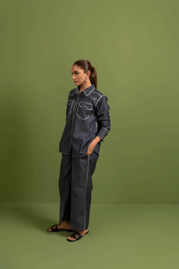 Women Grey  Blue Double Pocket Denim Chambray Co-ord Set