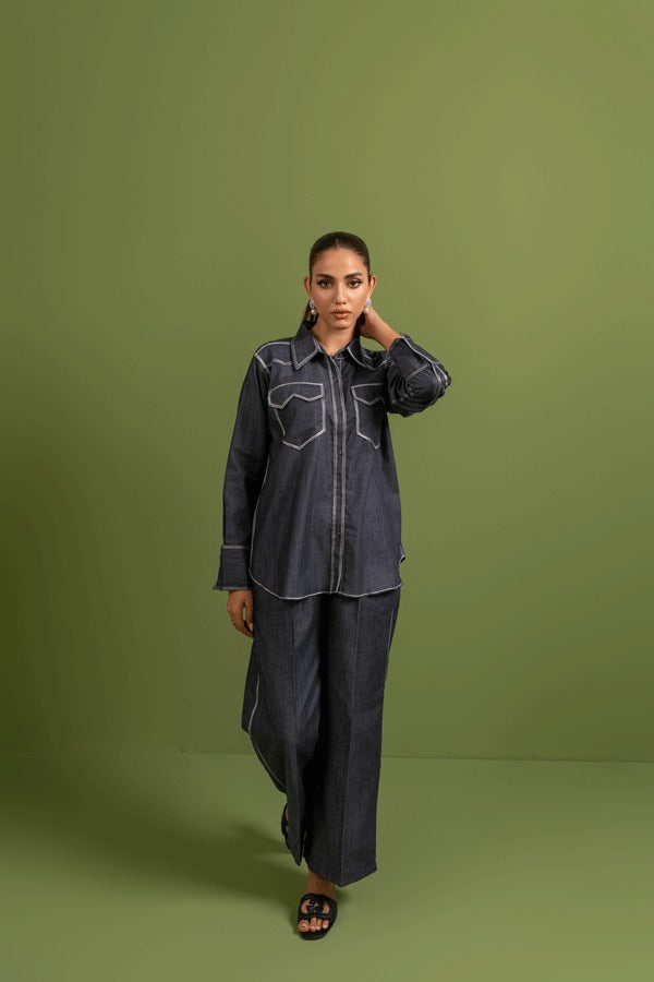 Women Grey  Blue Double Pocket Denim Chambray Co-ord Set