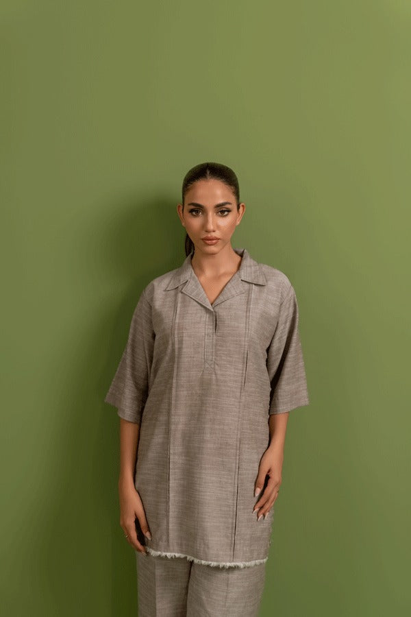 Ladies Chambray  Khaddi Two Piece Co-ord Set - Three-Quarter Sleeves in Earthy Beige