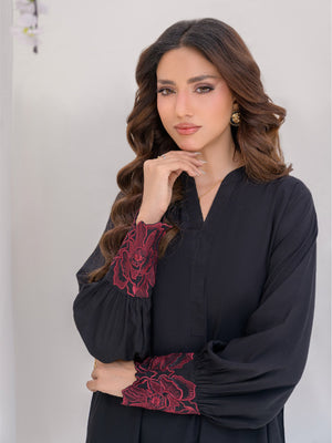 black linen ensemble red machine embridery on sleeves cuff best for office and casual ready to wear online dress.
