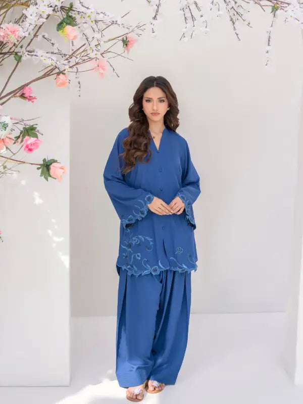 Full look of royal blue boski linen two-piece suit with embroidered shirt and farshi shalwar