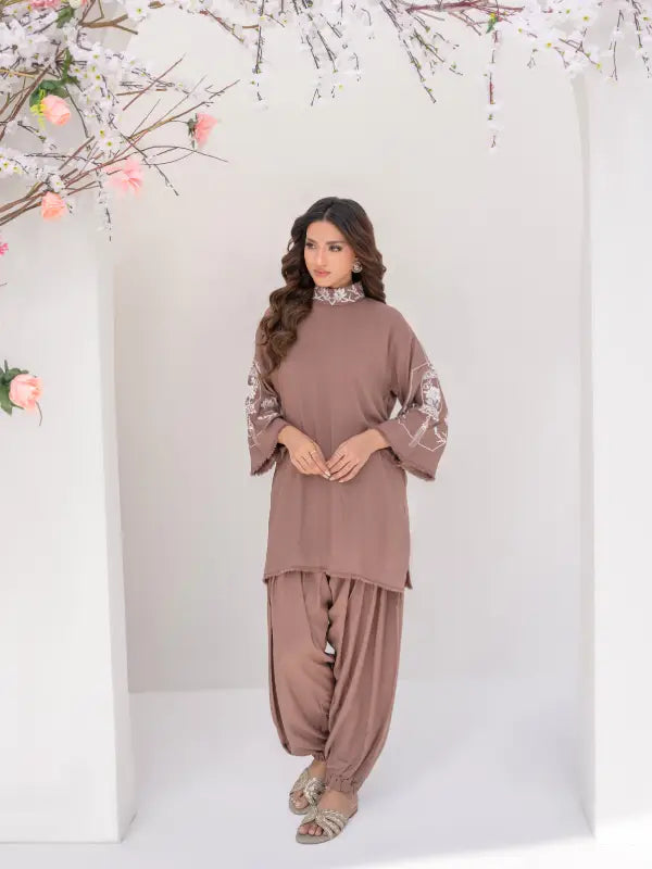 Casual luxe Brown Outfit with Embroidered Tunic