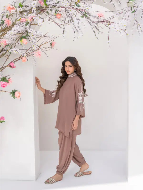 Casual luxe Brown Outfit with Embroidered Tunic