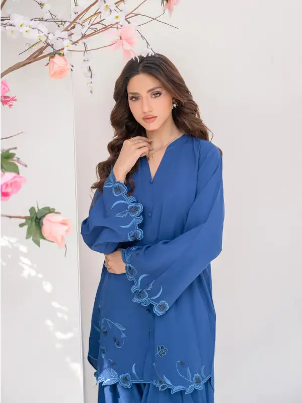 Royal blue boski linen front-open shirt with cutwork embroidered sleeves and scalloped hem