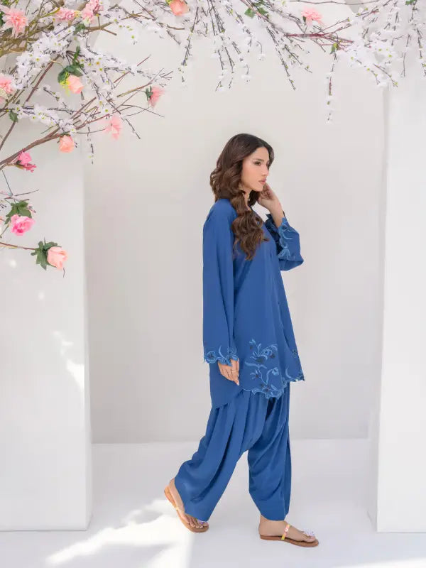 Side view of royal blue boski linen shirt paired with elegant farshi shalwar