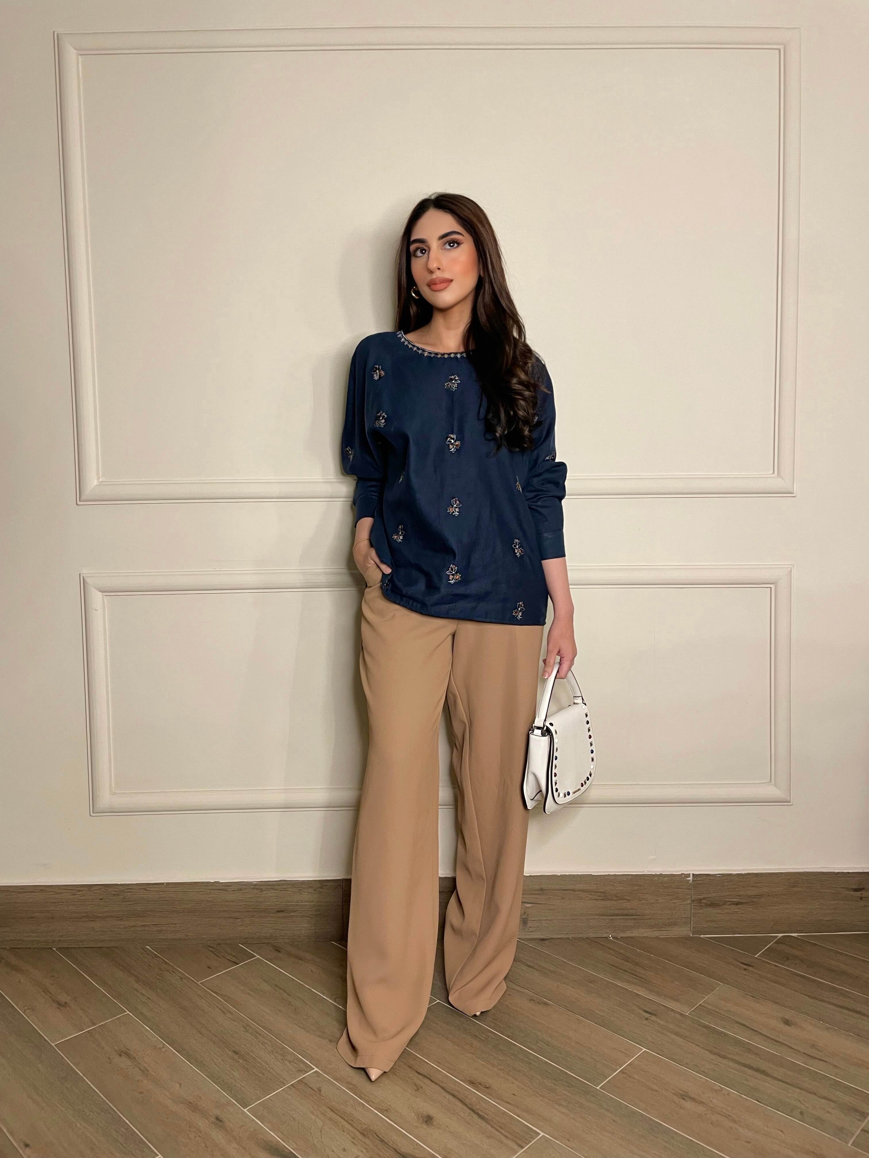 Women Round Neck Navy Blue Top