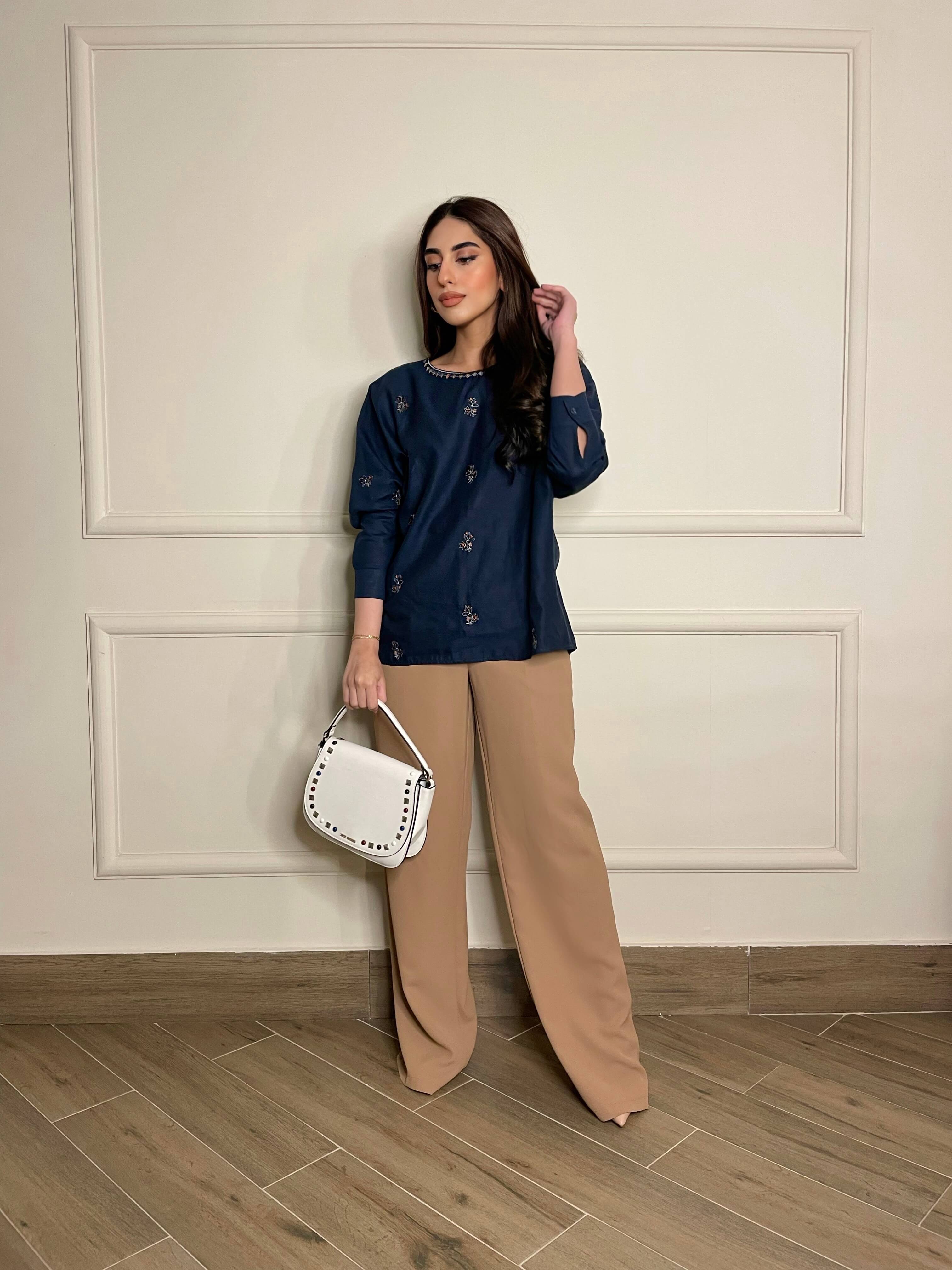 Women Round Neck Navy Blue Top