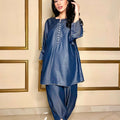 Women Denim Box-Cut Shirt Two Piece Co-Ord Set - Three-Quarter Sleeves in Blue