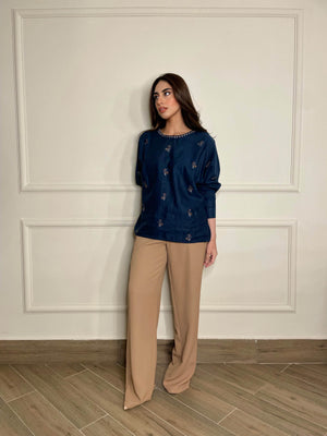 Women’s Navy Blue Round Neck Casual Top Side View

