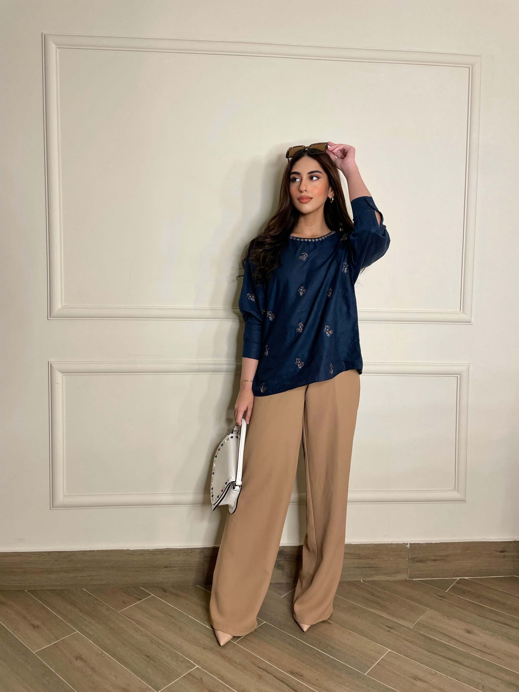 Women Round Neck Navy Blue Top