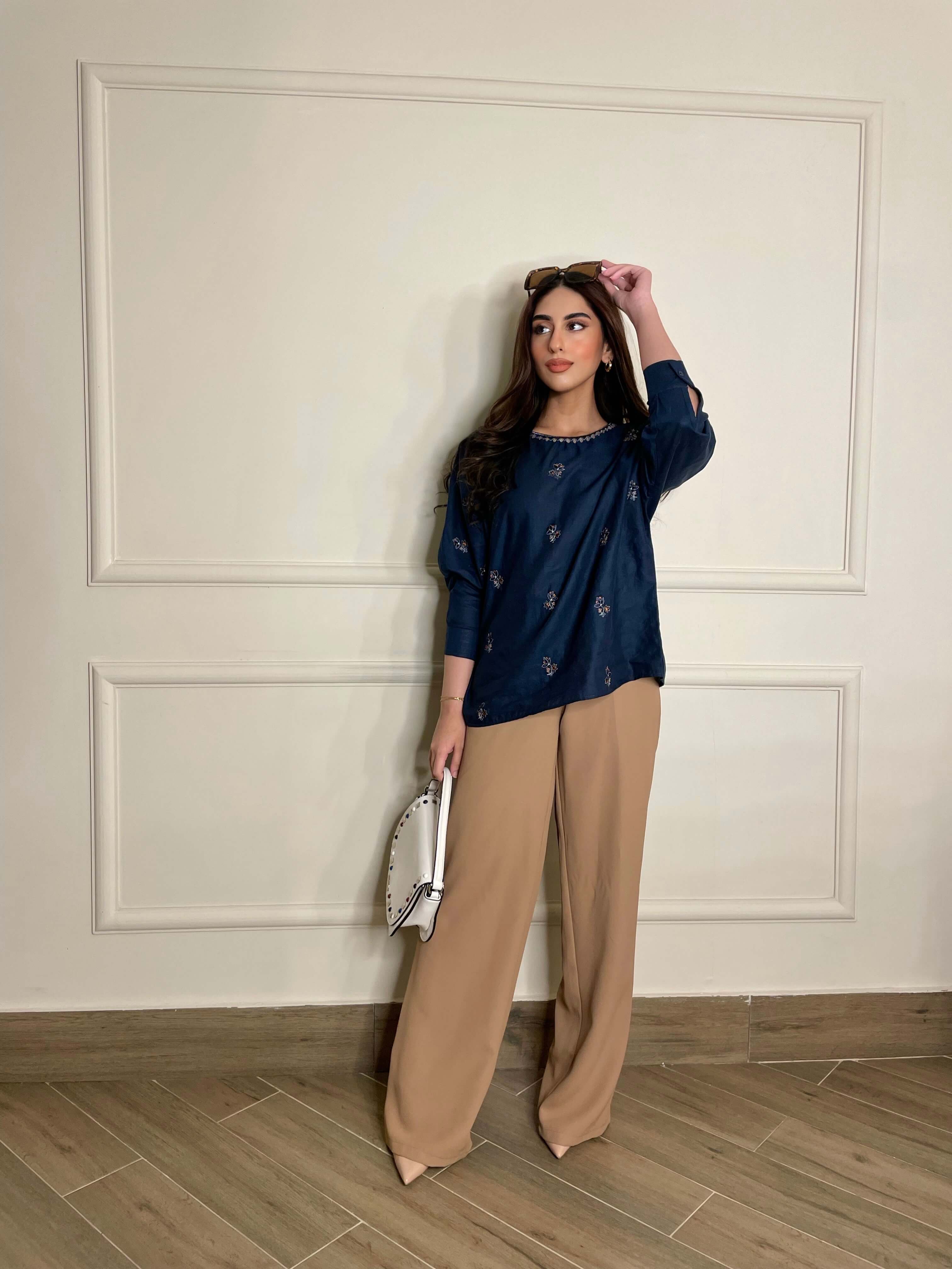 bohemian  linen navy blue top for women