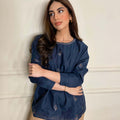 Women’s Navy Blue Linen Embroidered Top – Round Neck Casual Wear