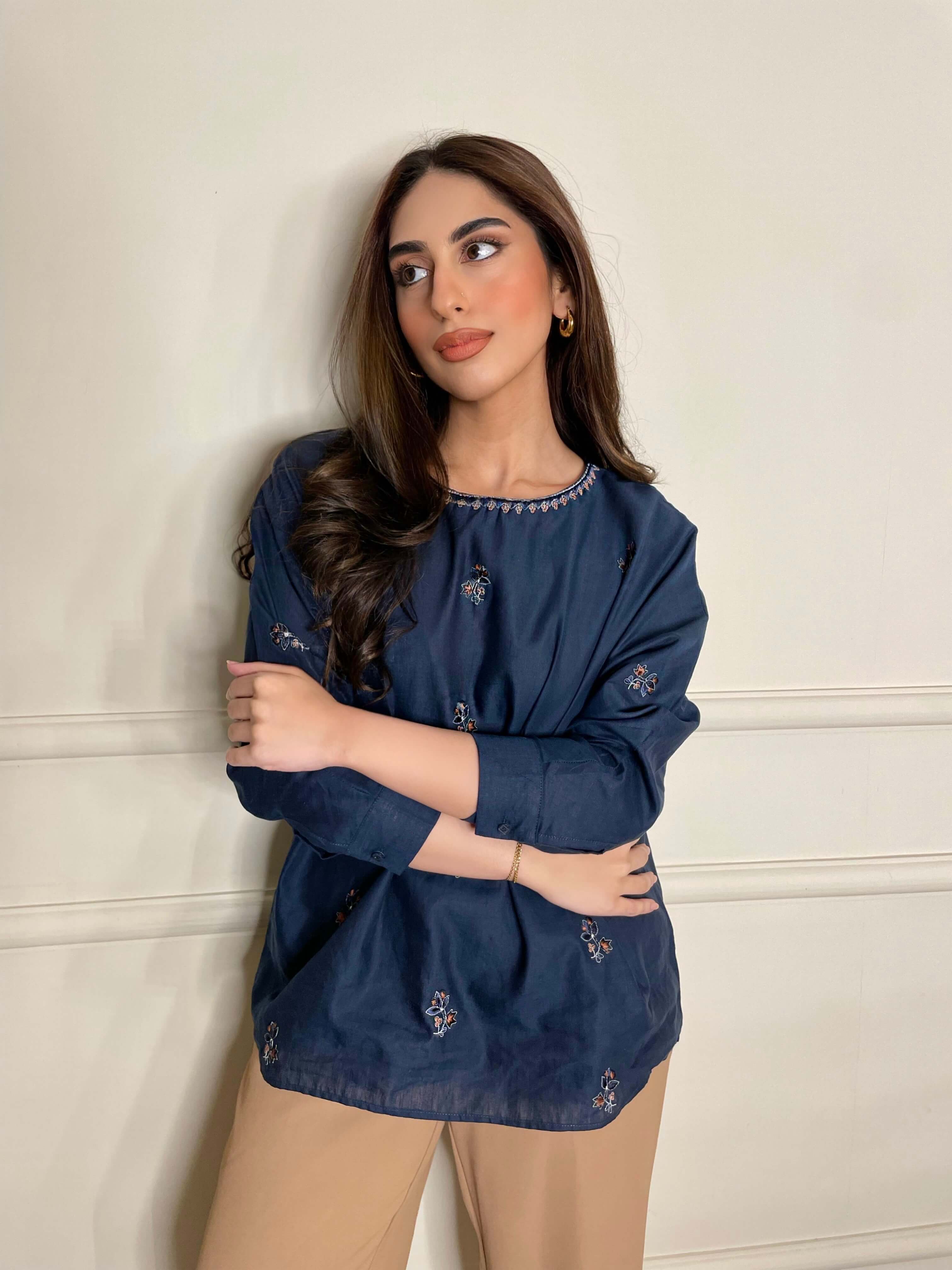 Women’s Navy Blue Linen Embroidered Top – Round Neck Casual Wear