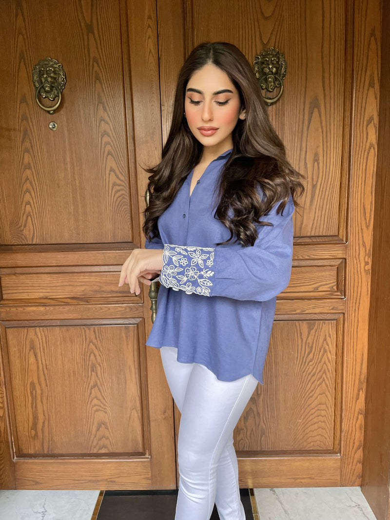 Front Open Collared Top With Embroidered Cuffs