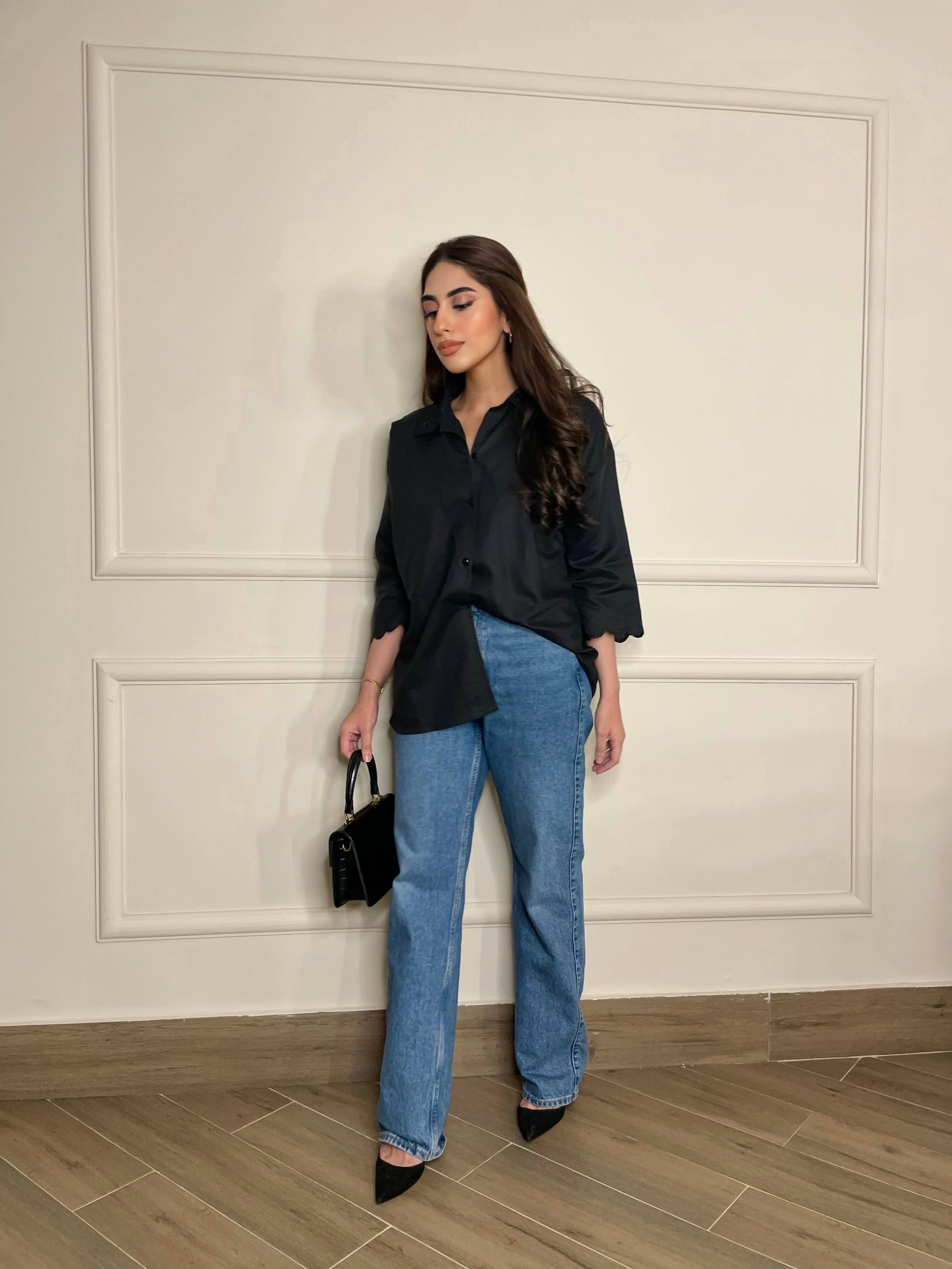 Women Oversized Embroidered Hem Black Top