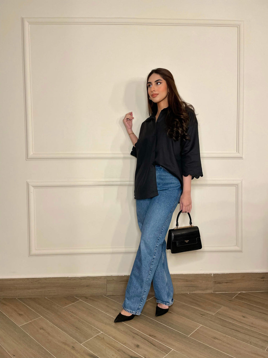 Women Oversized Embroidered Hem Black Top