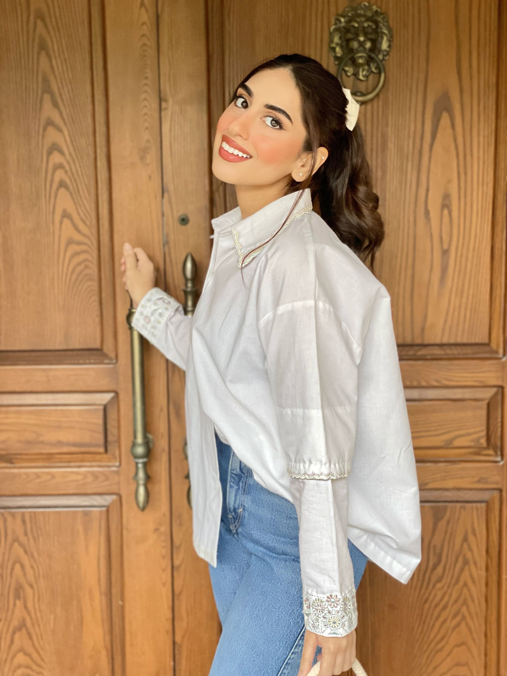 Women  Button-Down Embroidered Hem White Top